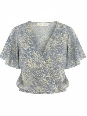 Astr Blue & Cream Wrap-Front Knit Top Flutter Sleeves Women’s L Weddings/Showers